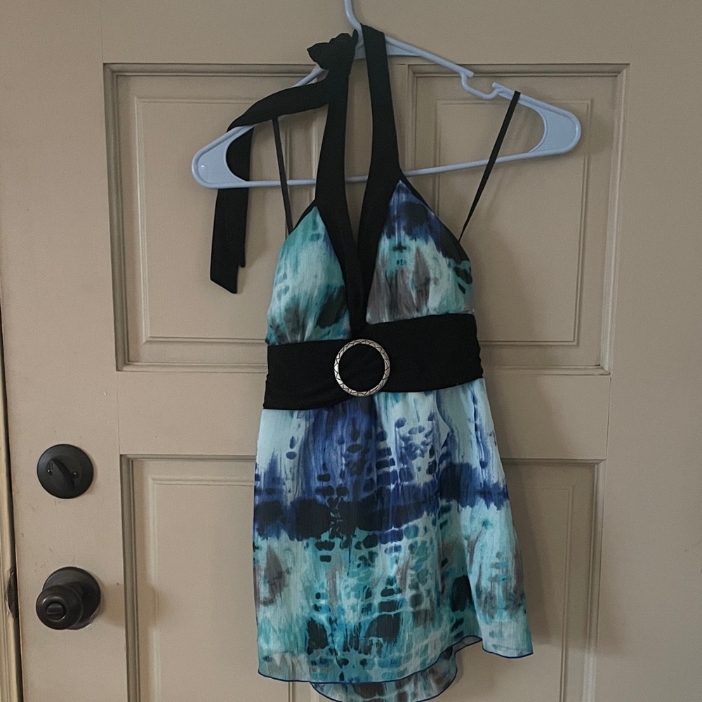 Halter top with Black Belt and Blue Tie-Dye